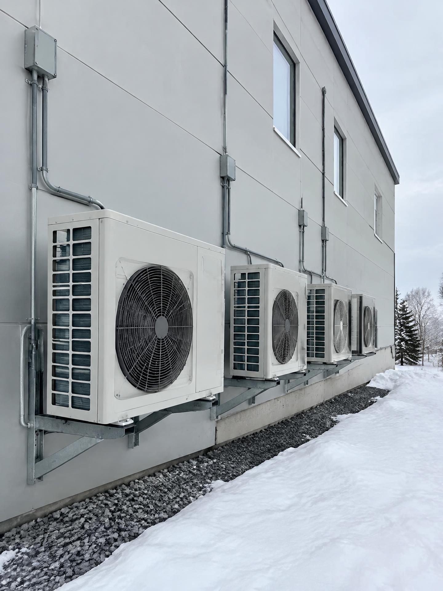 Unités extérieures de thermopompe installées sur un bâtiment commercial